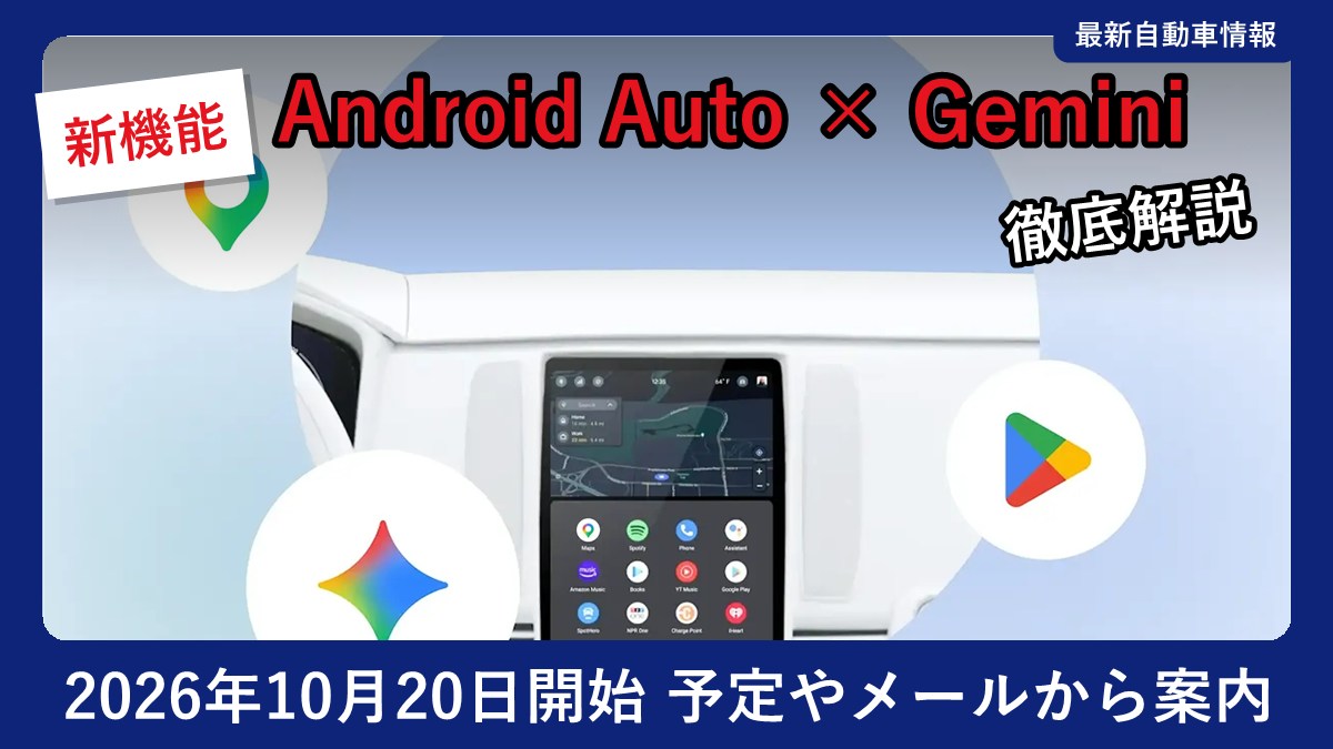 Android Autoの車載画面とGemini、Googleマップ、Google Playのアイコン