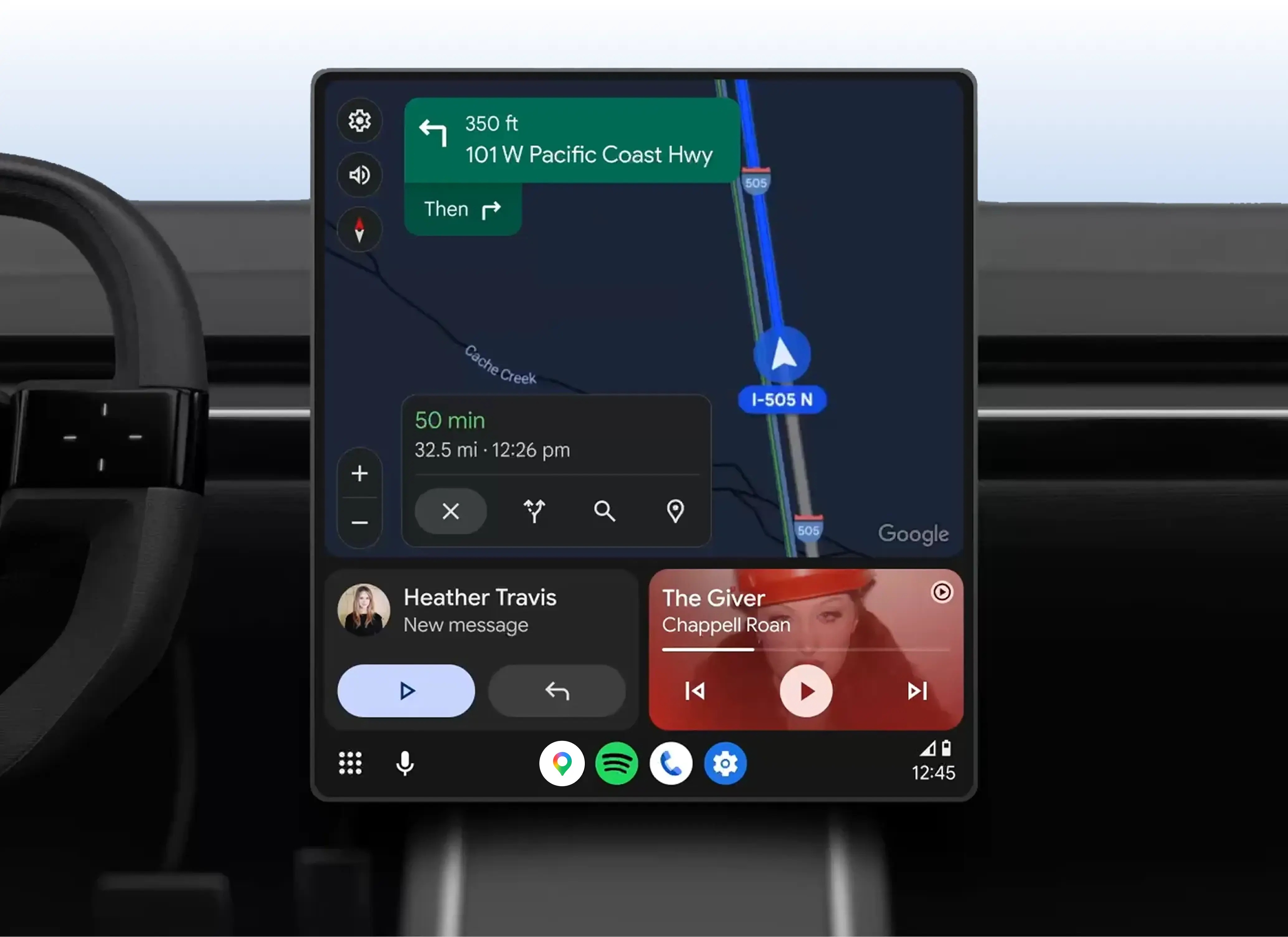 Android Autoの車載画面にGoogleマップのナビ、メッセージ、音楽が表示されている様子