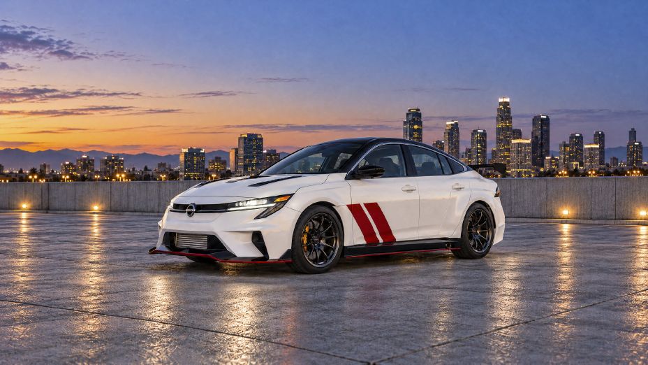 日産 セントラ SPEC-V コンセプトの外観(夕暮れの街並みを背景にしたフロント)